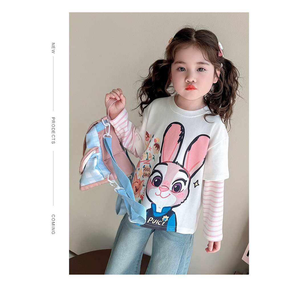 Áo thun hai mảnh hoạt hình cho bé gái Áo sơ mi đáy dài tay mùa xuân 90-140 Size HS6H