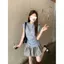 Bộ đồ ngọt ngào mùa hè Áo thun tay bay nhỏ có dây rút có dây rút + Váy hai mảnh lưng cao