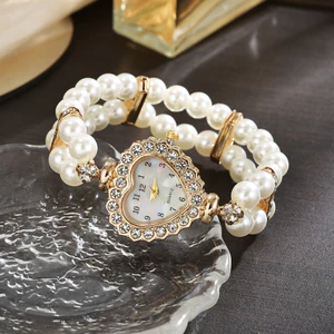Đồng hồ mặt số hình trái tim kim cương đầy đủ ngọc trai Dây đeo mỏng nhỏ Xuất hiện Đồng hồ đeo tay ngọc trai hàng đôi 26.5.15