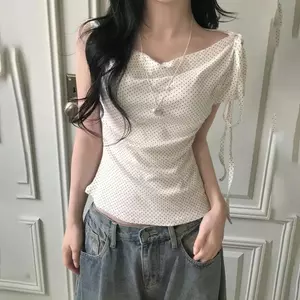 Áo ren dây in chấm bi màu hồng đơn giản một vai ngắn tay Hot Girl phong cách Hàn Quốc