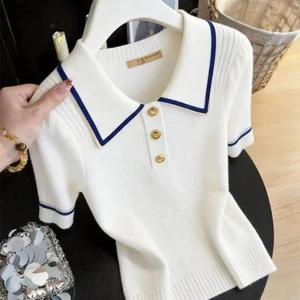 Mùa hè phải có của VN!Phong cách Preppy giúp làm cho ngoại hình của bạn trông mới!Áo thun polo màu tương phản bằng lụa băng dệt kim, cà vạt, thời trang thanh lịch. Thích hợp để hẹn hò hàng ngày. Thắt lưng thun, áo thun không ngực cho bé