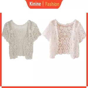 KIN Nữ Tay Ngắn Móc Shrug Rỗng Ren Hoa Mở Phía Trước Mini Cardigan