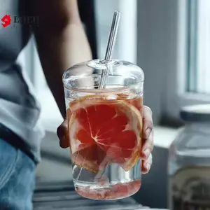 Cốc Thủy Tinh 450ml Có Nắp Và Ống Hút Trà Trong Suốt Cốc Cà Phê Nước Trái Cây Kính Bia Có Thể Sữa Mocha Ly Ăn Sáng Cốc Drinkware VN
