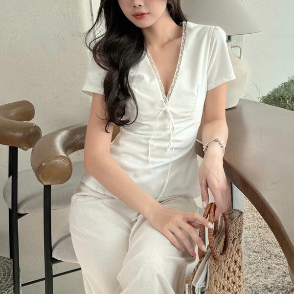 Áo kiểu linen xinh cổ V form fit dáng viền ren mùa hè phong cách hàn quốc M217