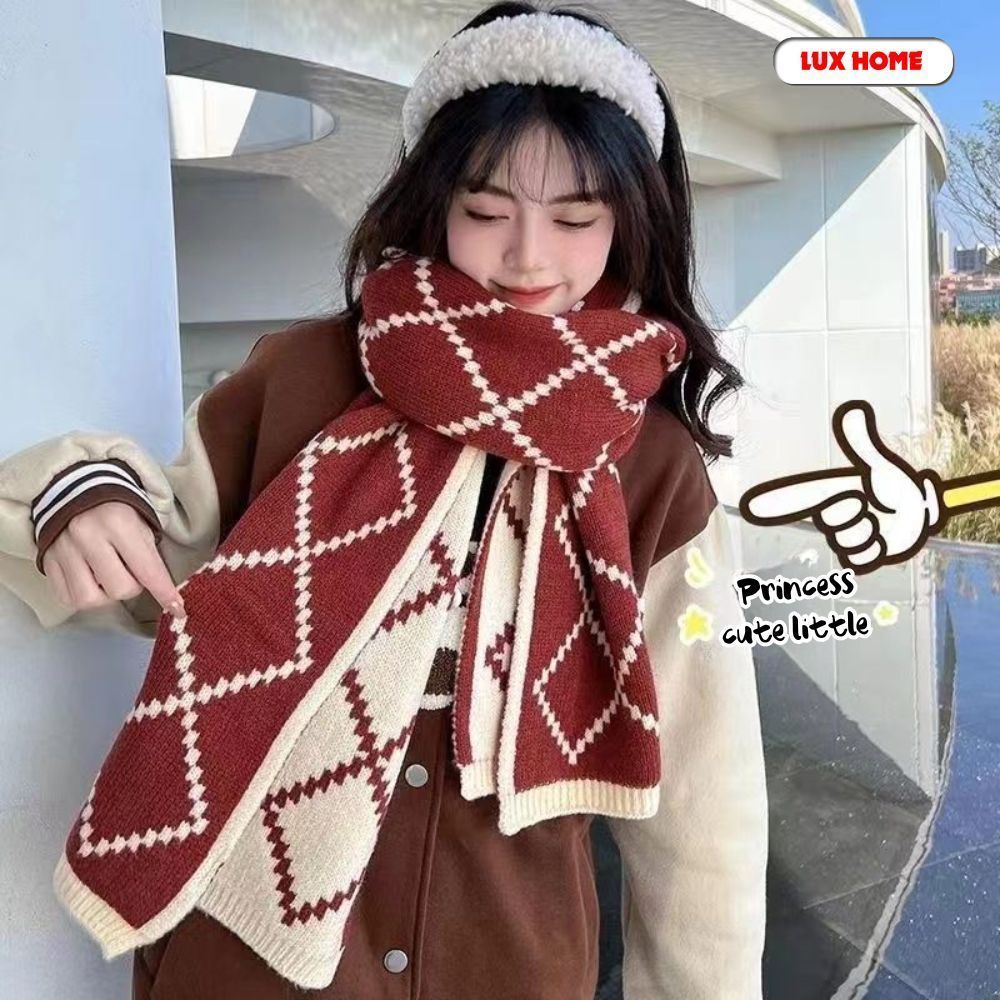 Khăn Quàng Cổ Argyle Len Dệt Kim Họa Tiết Ô Trám Vintage Hàn Quốc Giữ Ấm Mùa Đông Dày Dặn Cao Cấp