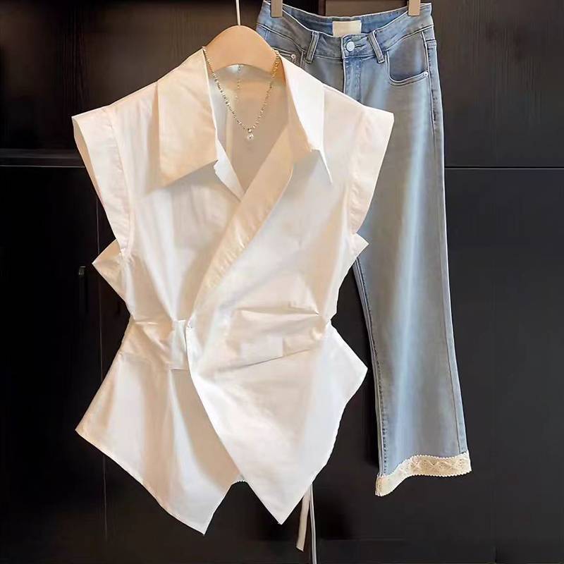 Springevenstar Pháp Tính Khí Ve Áo Áo Sơ Mi Không Tay Sang Trọng Không Đều Eo cinching Top Dành Cho Nữ Springevenstar