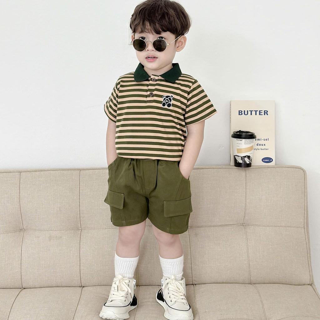 Bộ quần áo cộc tay KẺ NGANG IN HÌNH GẤU cho bé trai,  Bộ quần áo chất COTTON thoải mái cho bé