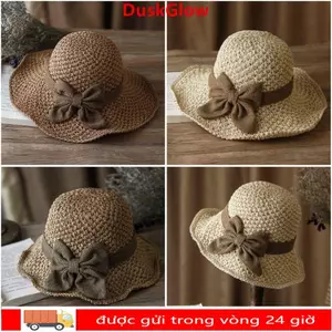 Mũ Rơm Bện DUSKGLOW, Mũ Che Nắng Chống Tia UV Thoáng Khí, Vintage Có Thể Gập Lại Với Nơ Rộng Vành Mũ Đi Biển Nữ