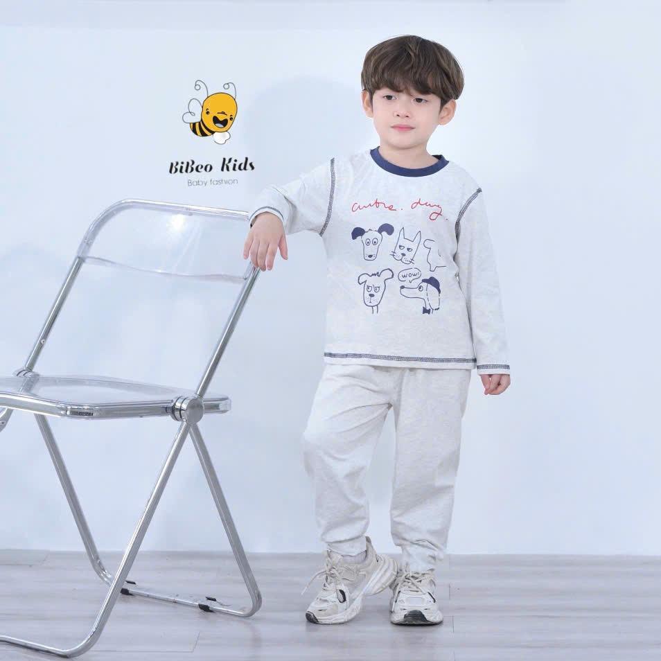 [BiBeo Kids] Bộ quần áo thu đông dài tay IN HÌNH CÚN XÁM XANH THAN  cho bé trai , Bộ quần áo chất COTTON mềm