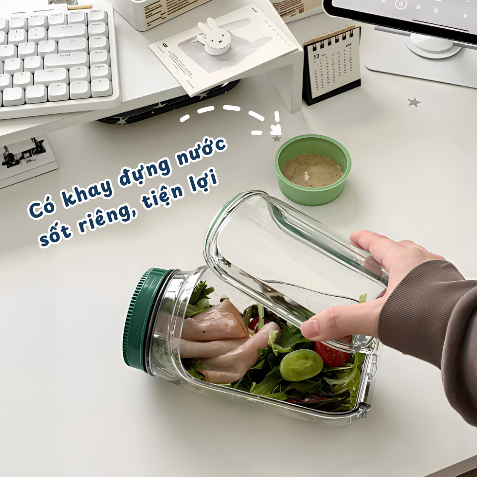 Hộp Salad Healthy Có Ngăn Sốt Riêng – Cốc Đựng Yến Mạch, Trái Cây Nắp Kín Chống Tràn Mang Đi Làm Tiện Lợi