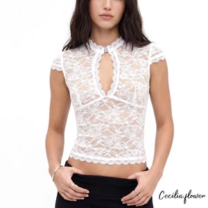 Áo thun nữ cổ chữ V có lỗ khóa mùa hè ngắn tay hợp thời trang Slim Fit Áo thun ren