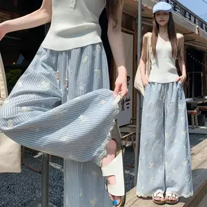 Phong cách Hàn Quốc Ngọt Ngào Giảm Tuổi Ren Khâu Thường Ngày Quần Ống Thẳng Nữ Thiết Kế Mùa Hè Niche Sọc Thêu W