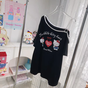 Preppy Phong Cách 2025 Thiết Kế Rời Niche Chữ Hoạt Hình In Hình Ngang Vai Áo Thun Nữ Tay Ngắn 5.19