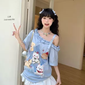 Áo thun nữ Thiết kế Sense Ren-Up Cổ áo chéo quây Top Hợp thời trang Kích thước lớn Hoạt hình dễ thương In hình tay ngắn 5.19