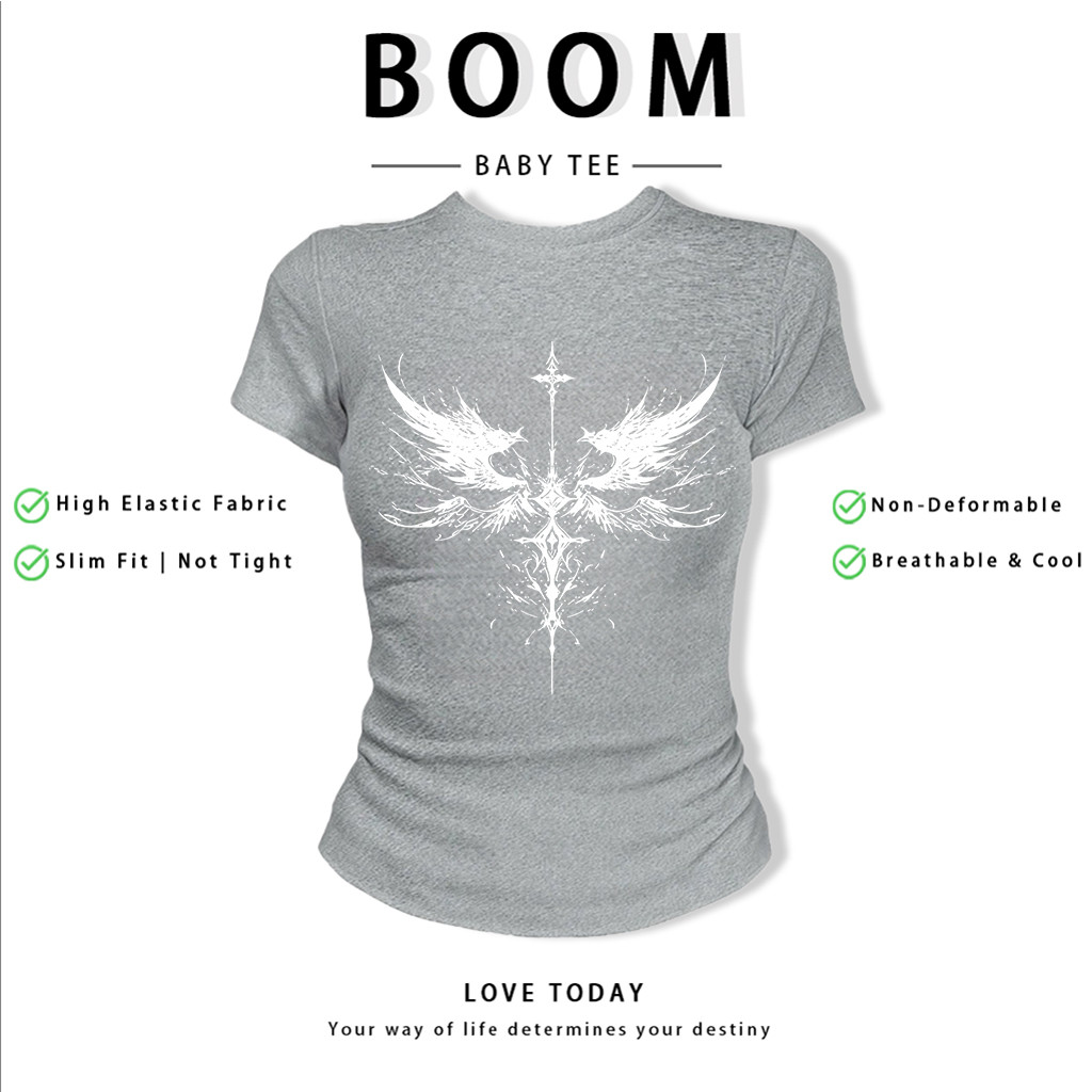 BOOM Áo Baby Tee Nữ Cotton Ôm Body-Áo Thun Ngắn Tay Y2K In Hình PhongCách Mùa Hè, Cổ Tròn Hàng Đầucách hàn quốc phongU16