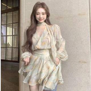 Nữ Phong Cách Mới Hỗ Trợ Kích Thước Lớn Hoa Pháp Cổ Chữ v Dài Tay Đầm Nữ Thu Đông Thiết Kế Nhẹ Nhàng Váy Chữ a Hẹp