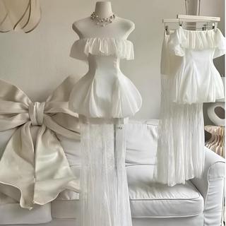 Set Đầm Áo Bí Nhún Bèo Trễ Vai Xòe Mix Chân Váy Ren Đuôi Cá Thiết Kế Sang Trọng Phù Hợp Đi Chơi Dự Tiệc Ld_Store Fashion