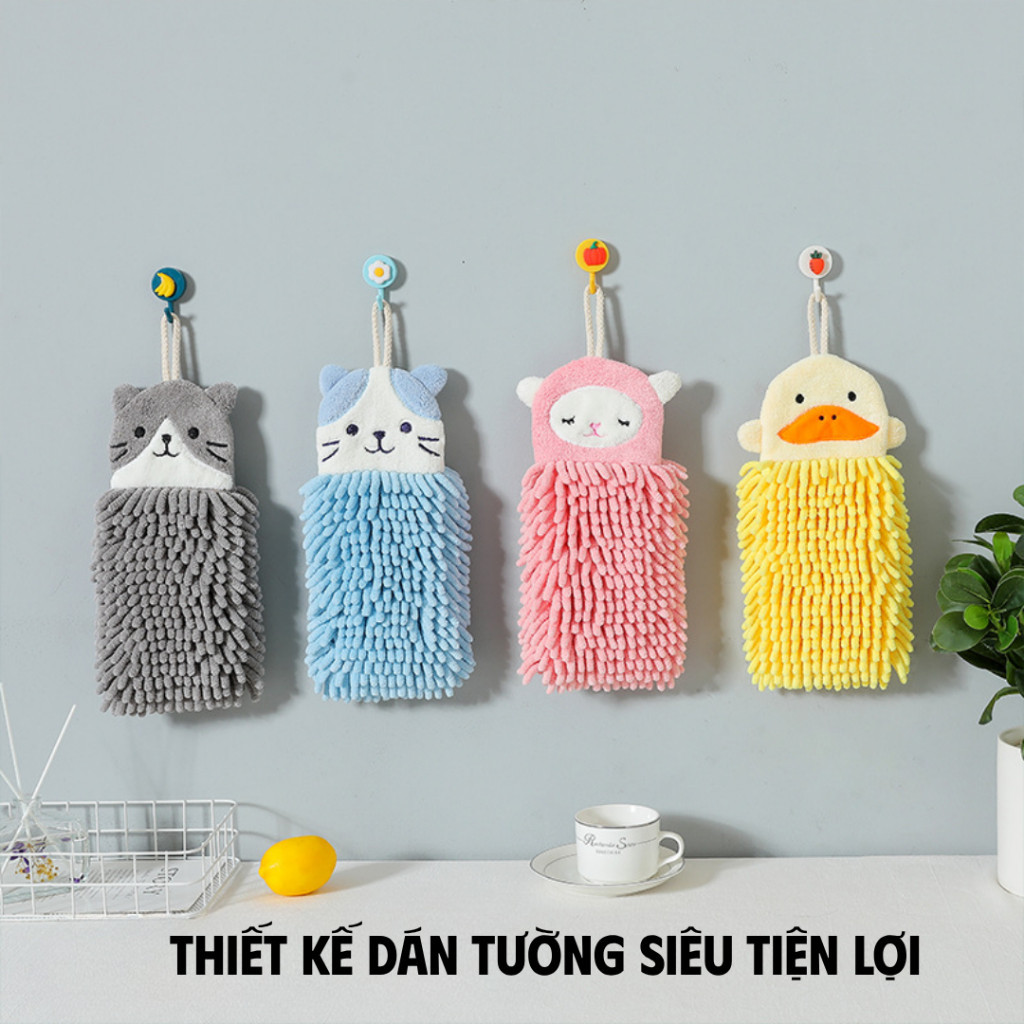 Khăn Lau Tay Vải San Hô Treo Tường Hình Thú Dễ Thương - Khăn Thấm Nước Nhanh, Mềm Mại, Có Dây Treo Cho Nhà Bếp
