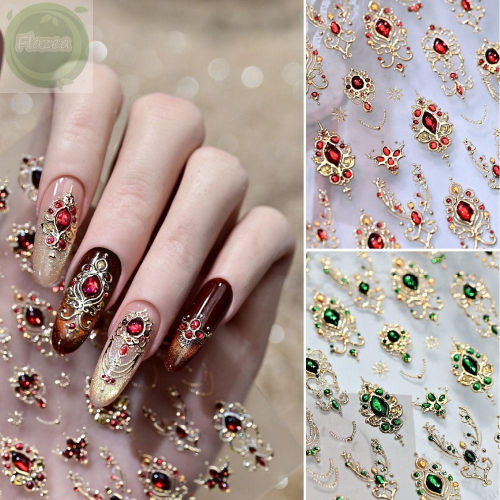 FLAZEA 5D Dán Móng Tay, Thiết Kế Sang Trọng Sáng Bóng Baroque Scepter Móng Tay, Vương Miện Vòng Cổ Ngọc Lục Bảo Màu Ruby Vàng Scepter Đỏ Xanh Đá Quý Giả Đá Quý Móng Tay Xmas Móng Tay