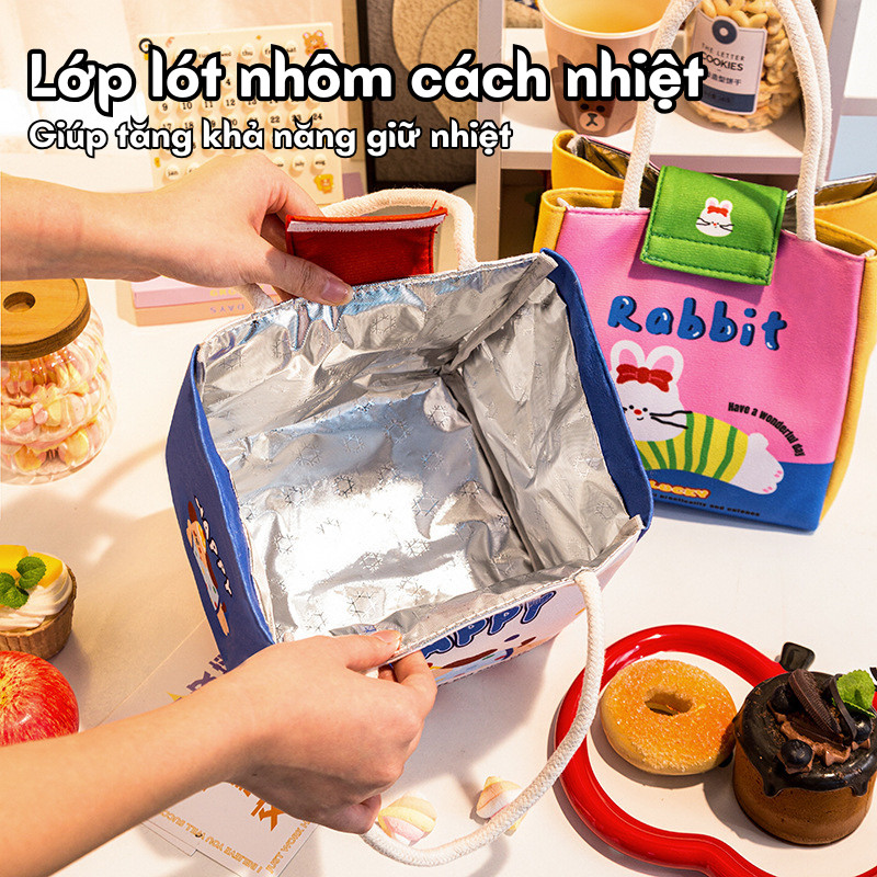 Túi Đựng Cơm Giữ Nhiệt Họa Tiết Hoạt Hình, Túi Giữ Nhiệt Đồ Ăn Có Quai Xách Tiện Lợi Richouse