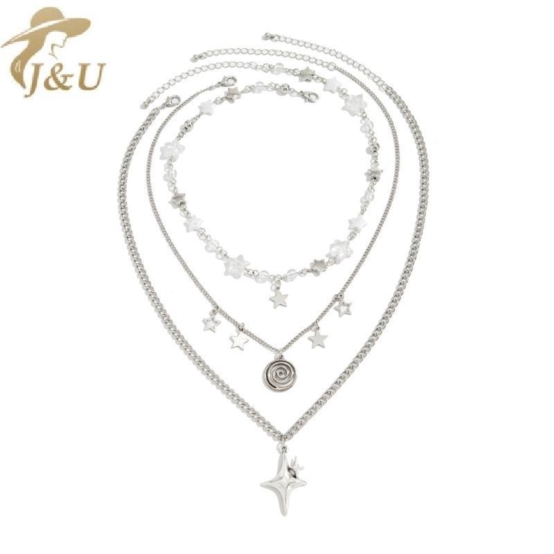 JU Y2K Thời Trang Bạc Lớp Nelace Kim Loại Pentagram Mặt Dây Chuyền Nhiều Dây Xích Cho Nữ Hợp Thời Trang Trang Trang Sức Quà Tặng VN