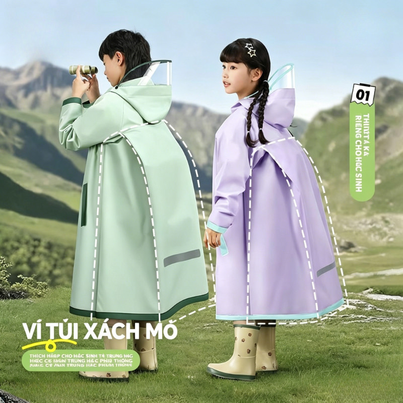 Áo Mưa Trẻ Em Dài Chống Mưa Lớn – Một Mảnh Poncho Che Toàn Thân, Có Chỗ để Cặp Sách, Phù Hợp Cho Bé Trai, Bé Gái đi Học
