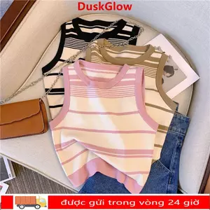 Áo len không tay sọc DUSKGLOW, Áo thun ngắn thời trang mùa hè phong cách cổ điển, Áo Vest sọc cổ tròn họa tiết kẻ sọc nữ