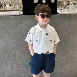 Bộ quần áo polo in Ô tô quần giả bò cho bé trai, cotton mềm mát, thiết kế nam tính