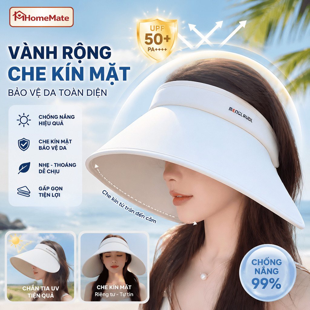 Mũ Chống Nắng Nửa Đầu Vành Siêu Rộng HomeMate UPF50+, Nón Chống UV Gấp Gọn Đi Biển Du Lịch