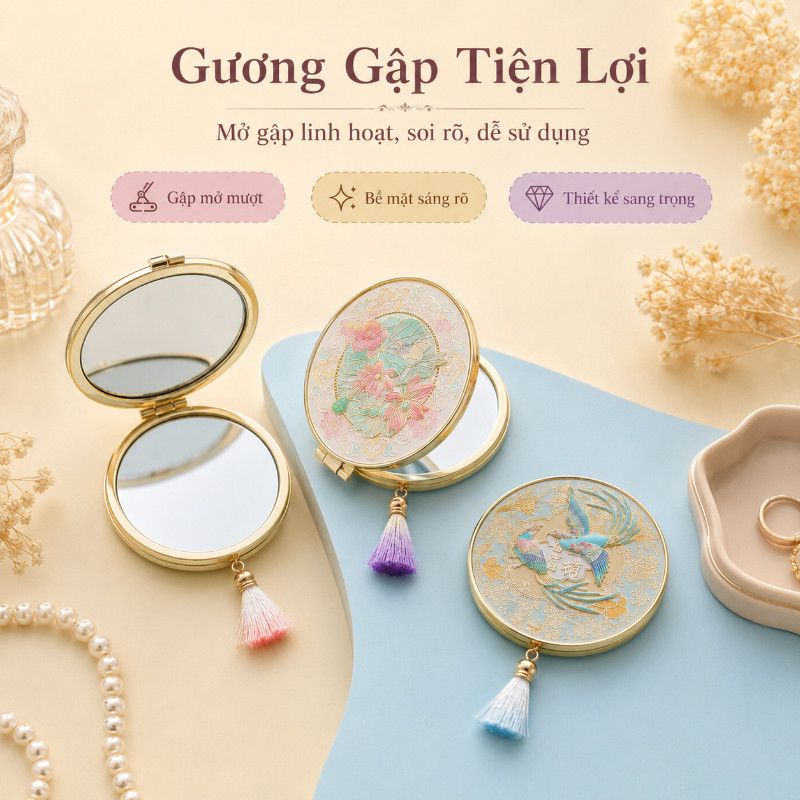 Gương Gấp Trang Điểm Cổ Trang Điệu Đà – Thiết Kế Hoa Lý, Quà Tặng Dễ Thương Cho Bạn Gái, Tặng Hộp Đẹp