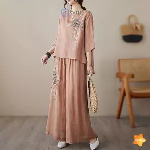 Áo sơ mi thêu cổ điển thời trang và quần ống rộng đa năng Bộ hai mảnh dành cho nữ mới