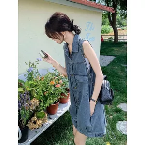 Phong cách Hàn Quốc mùa hè nhỏ dáng rộng giản dị Tính khí Váy Denim giảm tuổi cổ điển