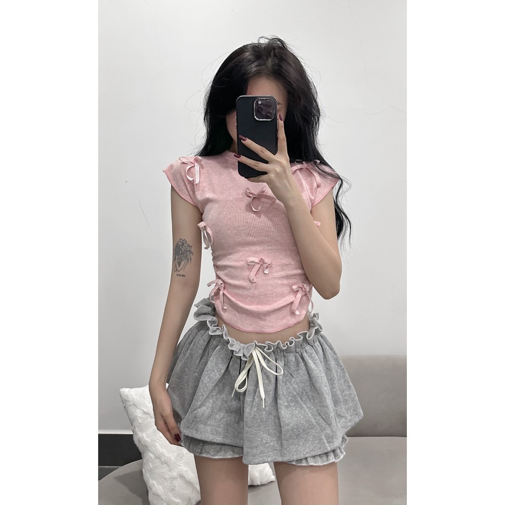 Áo thun nữ cổ tròn đính nơ tay hến phong cách Hàn Quốc chất thun co dãn ôm body
