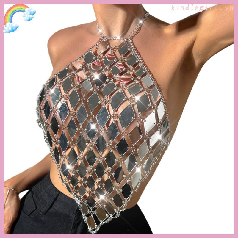 Vua Nữ Acrylic Kim Cương Kim Sa Lấp Lánh Dây Crop Backless Ngực Dây Xích Không Đều Camisole Cơ Thể Trang Sức Lễ Hội Trang Phục