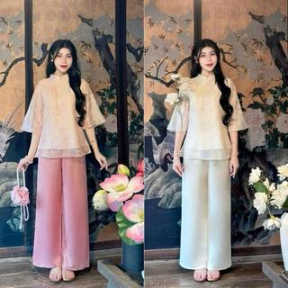 Set Lam Diện Tết Lễ Phật Ngày Đầu Năm Chất Tơ Voan Thêu 2 Lớp Đính Ngọc Phối Nơ Nhí Ld_Store Fashion
