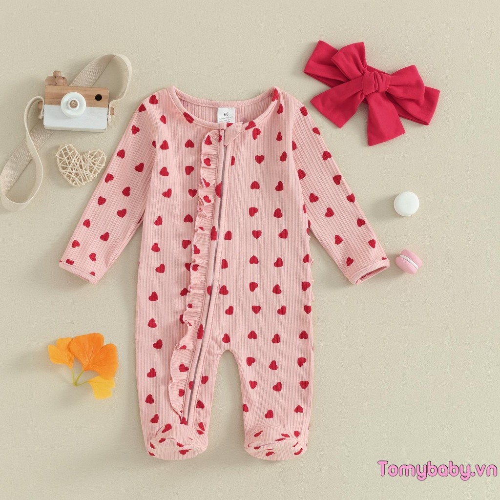 Trẻ Sơ Sinh Bé Gái Ngày Lễ Tình Nhân Áo liền quần Tay Dài Xù In Hình Trái Tim Zip Up Romper Có Nơ Băng Đô