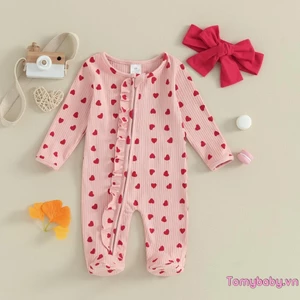 Trẻ Sơ Sinh Bé Gái Ngày Lễ Tình Nhân Áo liền quần Tay Dài Xù In Hình Trái Tim Zip Up Romper Có Nơ Băng Đô