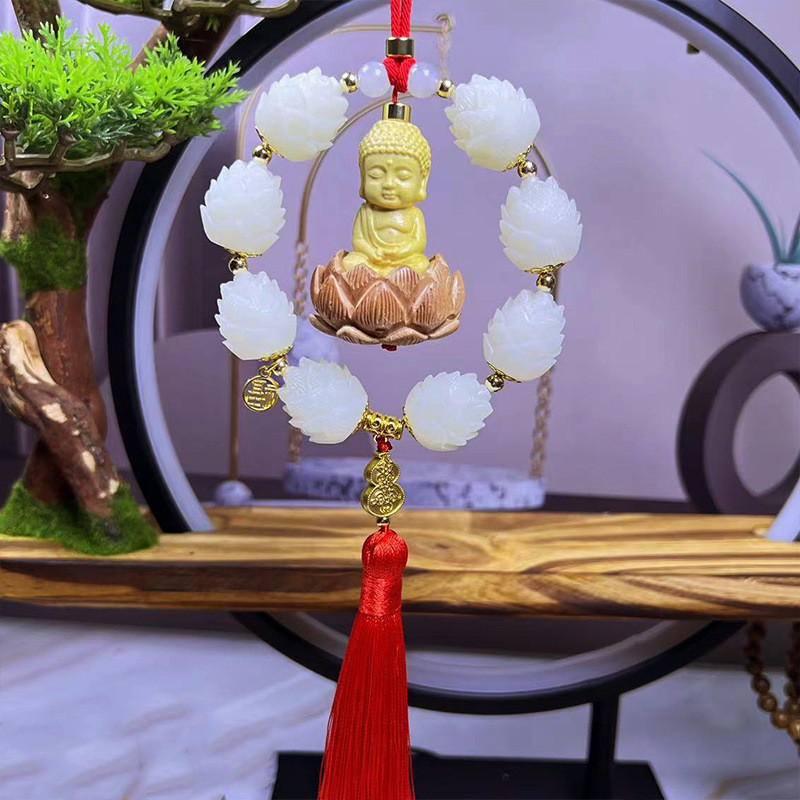 Khánh Treo Ô Tô Phật & Liên Hoa Bằng Gỗ Hoàng Dương - Trang Trí Gương Chiếu Hậu, Mang Lại Bình An & May Mắn