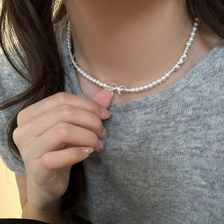 Vòng cổ bạc nơ ngọc trai phong cách Hàn Quốc sang trọng