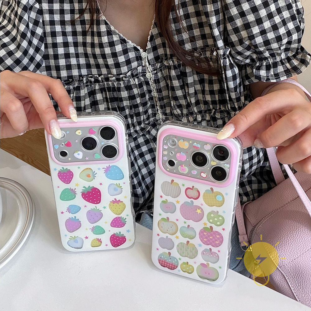 Phone Case For iPhone 17 Pro Max 16 15 TPU Keychain Chain Colorful Strawberry Aesthetic Korean Cute