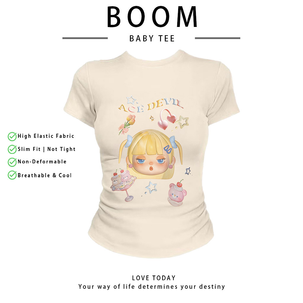 BOOM Áo Baby Tee Nữ Cotton Ôm Body-Áo Thun Ngắn Tay Y2K In Hình PhongCách Mùa Hè, Cổ Tròn Hàng Đầucách hàn quốc phongC41