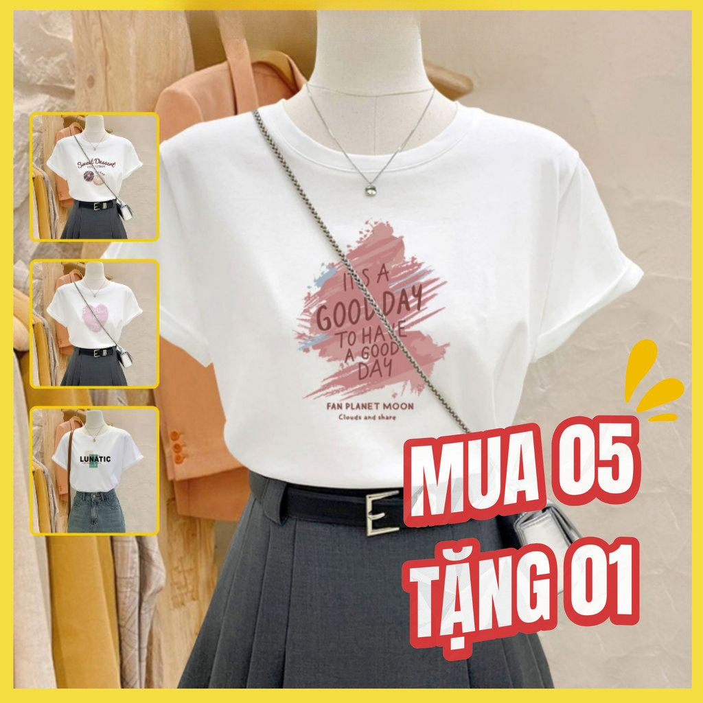 （Giao hàng 24h）Angela Áo phông nữ form vừa chất COTTON 100% mềm mịn, thoáng mát, màu TRẮNG, hình in đa dạng, nhiều kiểu