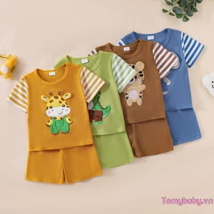 Bộ trang phục mùa hè cho bé trai tập đi Miếng dán động vật thêu cổ tròn Áo ngắn tay + Quần Short Bộ 2 chiếc