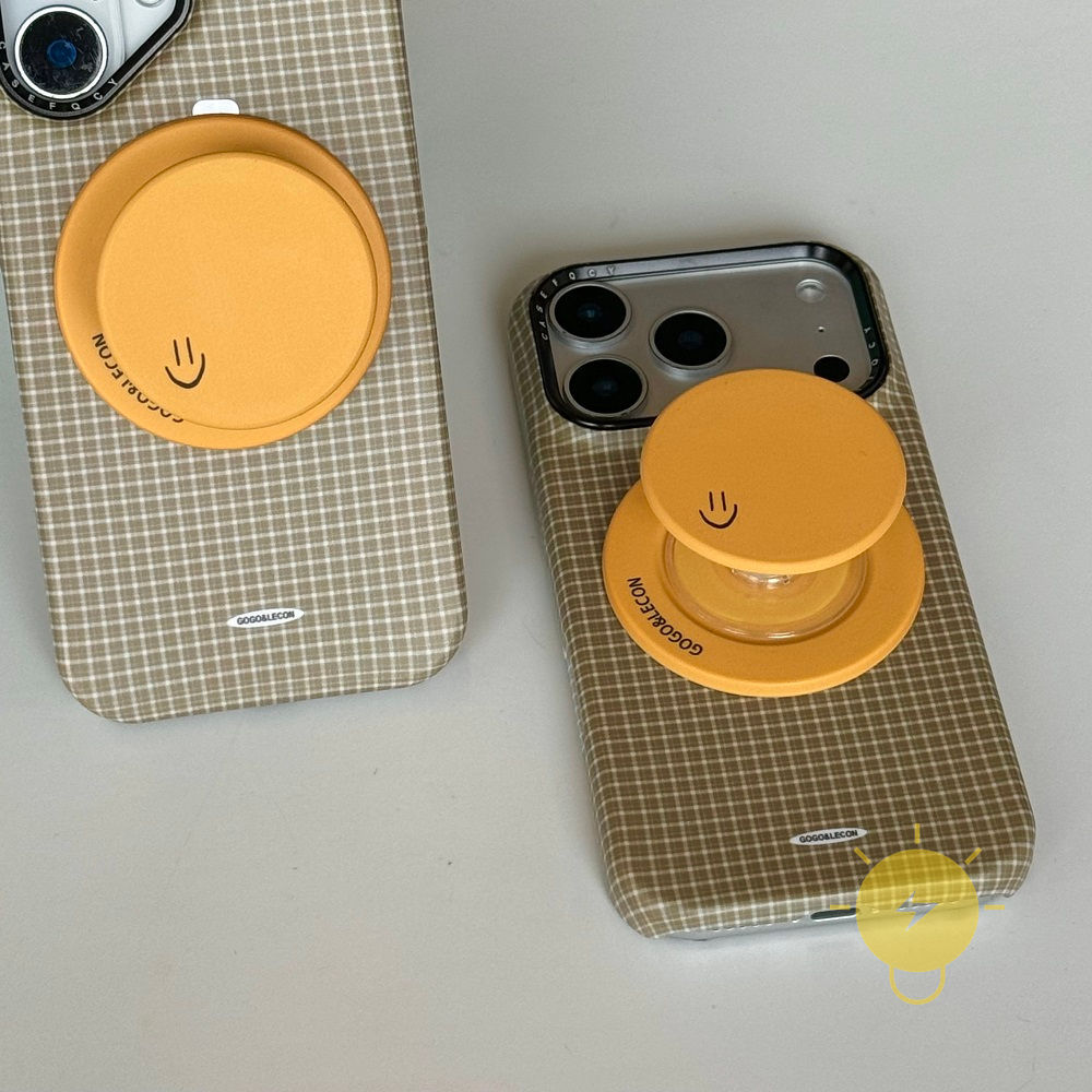 Phone Case For iPhone 17 Pro Max 16 15 14 13 with Griptok TPU Magnetic yellow with Griptok Smile Grid Aesthetic Korean Cute