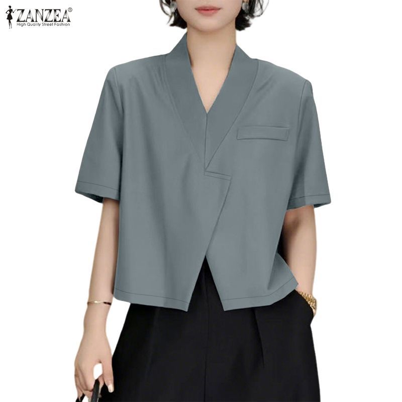 ZANZEA Nữ Công Sở Hàn Quốc Cổ Chữ V Tay Ngắn Khe V Màu Trơn Rời Phù Hợp Với Áo Blazer