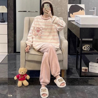 [Pre-Order]-Bộ Ngủ Lông Dễ Thương Hoạ Thêu Gấu ấm áp nhẹ nhàng dễ thương