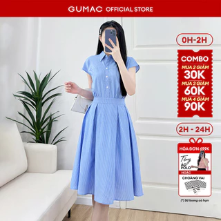 Đầm nữ GUMAC A xòe cổ sơ mi rã đô trước phối sọc xéo công sở thanh lịch kate mềm mát  LDF0701
