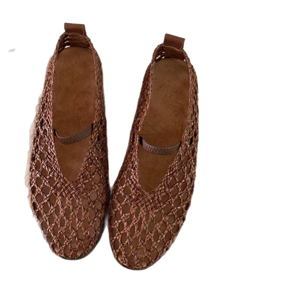 3 Màu Size Lớn 35-40 Tất Cả Trận Đấu Rỗng Tay Dệt Sandal Nữ Dây Đeo Phẳng Ngón Chân Tròn Bằng Da Thật Nông Miệng Mary Jane Giày R2AO