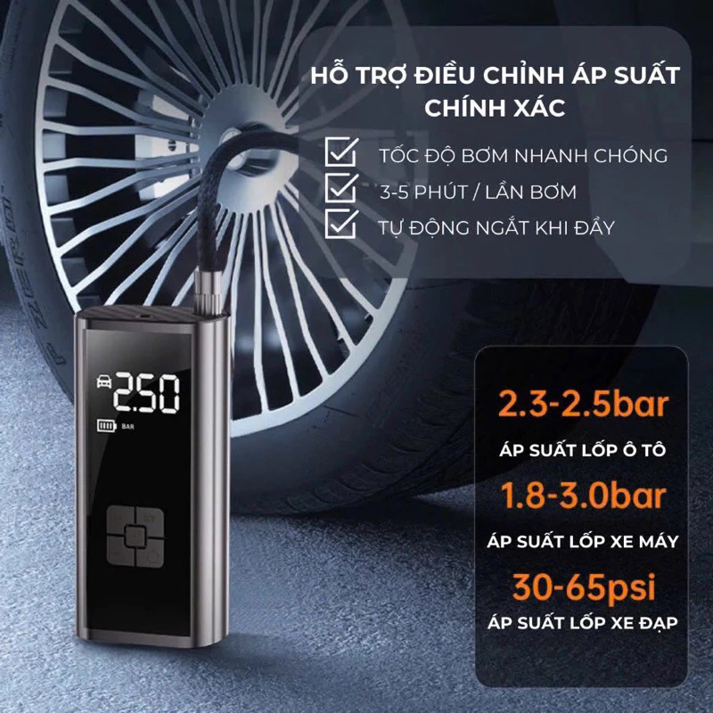 Bơm Xe Ô Tô,Xe Máy Xe Đạp Công Suất 100W 120W Máy Bơm Lốp Ô Tô Di Động Bánh Xe Không Dây