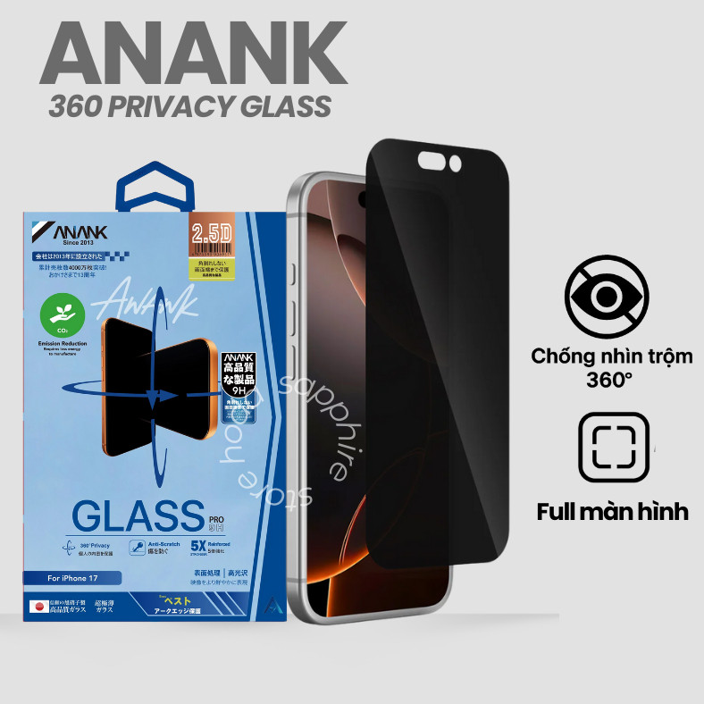[Chính Hãng] Kính Cường Lực Chống Nhìn Trộm 360 Độ ANANK Privacy Cho iPhone 17 Pro Max 17 Air 16 Pro Max 15 14